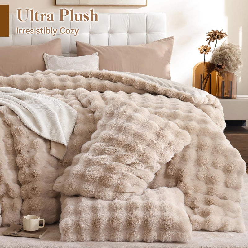YIKUSH Linen Comforter Set Full - Luxurious Faux Fur Comforter for Winter, Fluffy Comforter Queen Set with 2 Pillowcases, Soft Warm Linen Bedding Set - Image 3