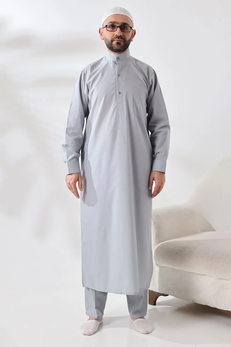 İhvan Gray Çınar Dagron Fabric Men's Hajj Umrah Clothing Fistan Set