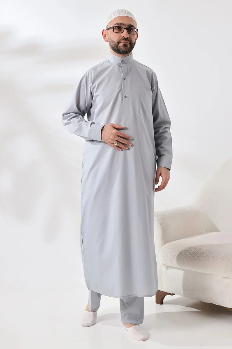 İhvan Gray Çınar Dagron Fabric Men's Hajj Umrah Clothing Fistan Set