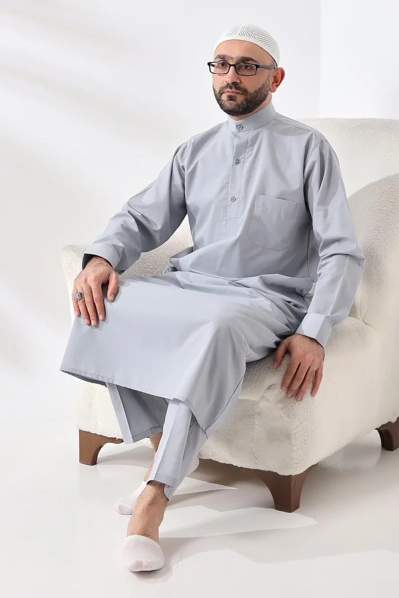 İhvan Gray Çınar Dagron Fabric Men's Hajj Umrah Clothing Fistan Set