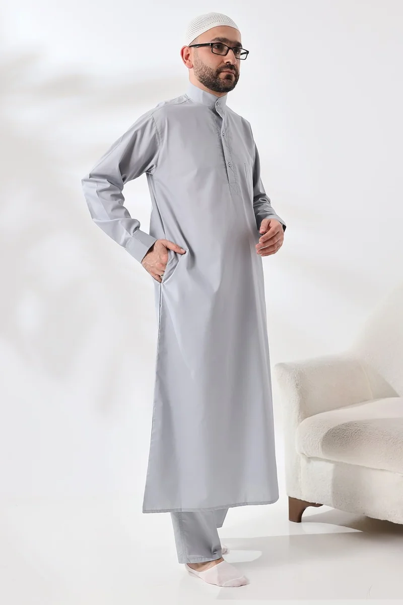 İhvan Gray Çınar Dagron Fabric Men's Hajj Umrah Clothing Fistan Set