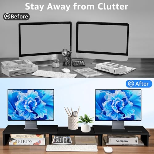 La Jaco Dual Monitor Stand Riser for 2 Monitors, Monitor Stand for Desk, Adjustable Length & Swivel Angle Wooden Desktop Organizer Stand Riser with Smartphone Holder for PC Monitor Laptop, Black - Image 2