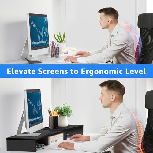 La Jaco Dual Monitor Stand Riser for 2 Monitors, Monitor Stand for Desk, Adjustable Length & Swivel Angle Wooden Desktop Organizer Stand Riser with Smartphone Holder for PC Monitor Laptop, Black - Image 4