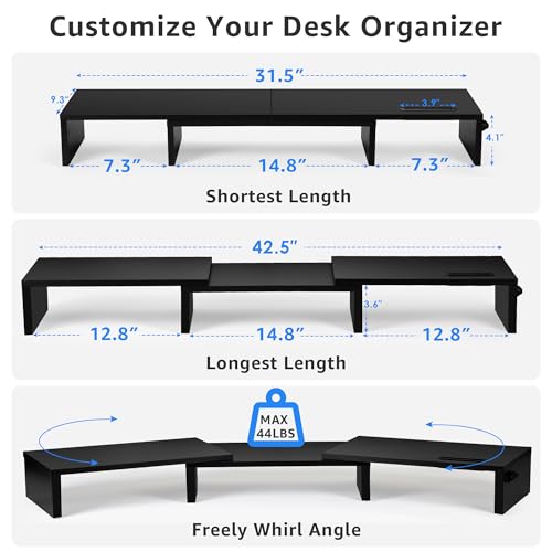 La Jaco Dual Monitor Stand Riser for 2 Monitors, Monitor Stand for Desk, Adjustable Length & Swivel Angle Wooden Desktop Organizer Stand Riser with Smartphone Holder for PC Monitor Laptop, Black - Image 3