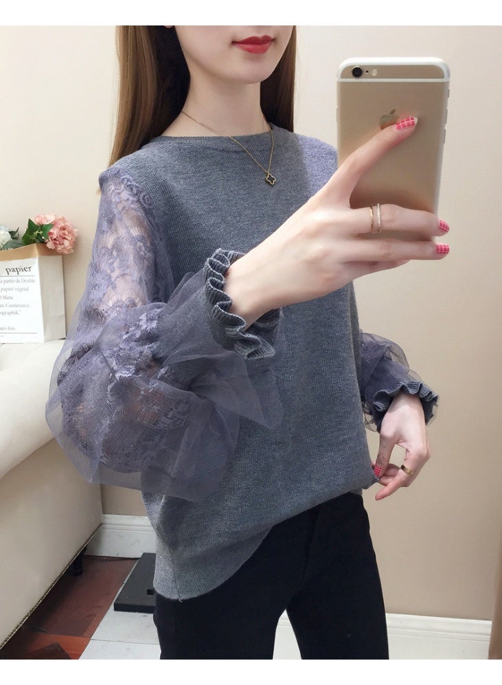 NIBEMINENT Women's Clothing Lace Splicing Hollow Out Long Sleeves Knitted Sweater for Women Spring Autumn Casual Loose Beautiful Chic Top - Image 1