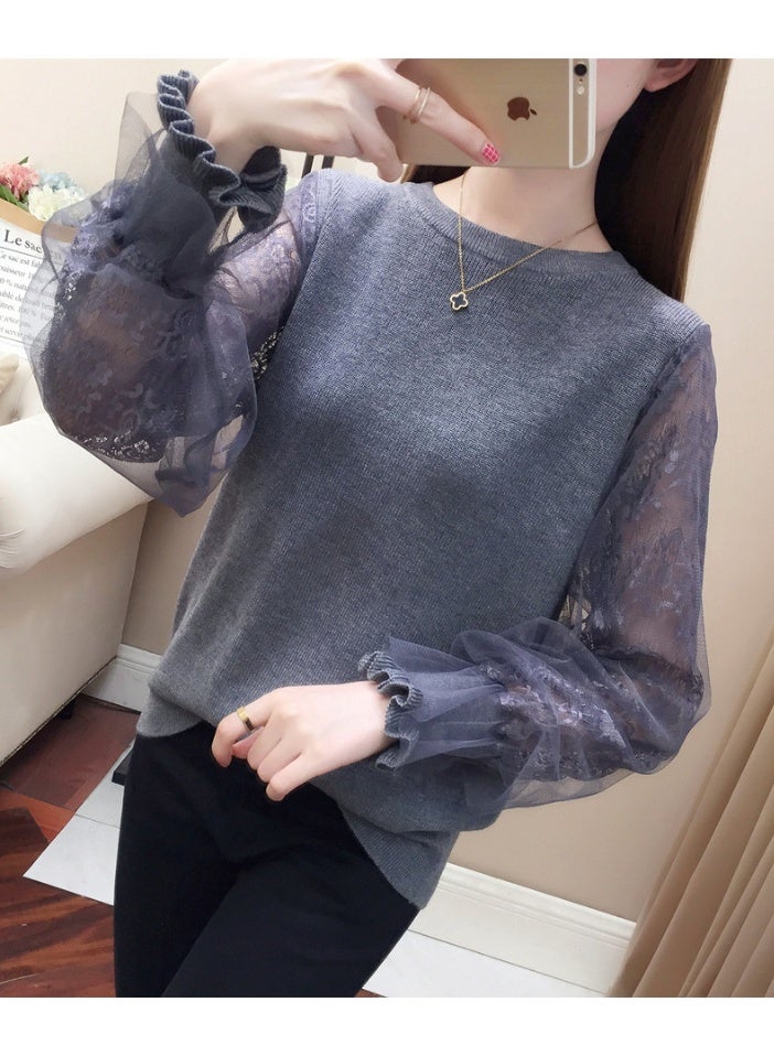 NIBEMINENT Women's Clothing Lace Splicing Hollow Out Long Sleeves Knitted Sweater for Women Spring Autumn Casual Loose Beautiful Chic Top - Image 3