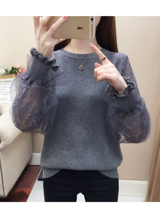 NIBEMINENT Women's Clothing Lace Splicing Hollow Out Long Sleeves Knitted Sweater for Women Spring Autumn Casual Loose Beautiful Chic Top - Image 2