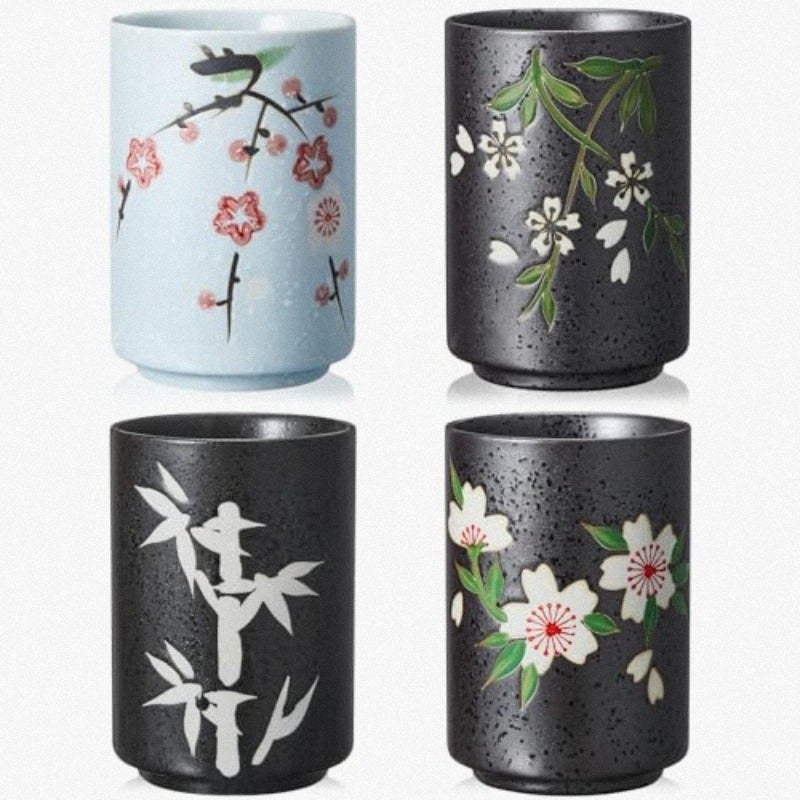 4 Pcs Japanese Tea Cups Handle Less Ceramic Japanese Gifts Chinese Restaurant Teacups Japan Mug Souvenirs for Matcha Bancha Green Tea 10 ozSakura - Image 1