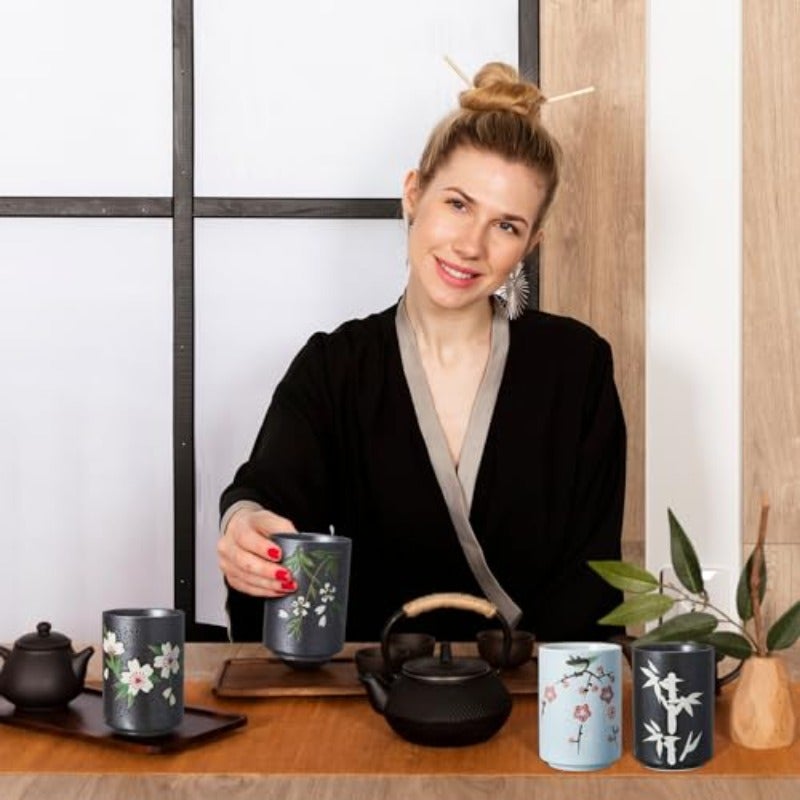 4 Pcs Japanese Tea Cups Handle Less Ceramic Japanese Gifts Chinese Restaurant Teacups Japan Mug Souvenirs for Matcha Bancha Green Tea 10 ozSakura - Image 5