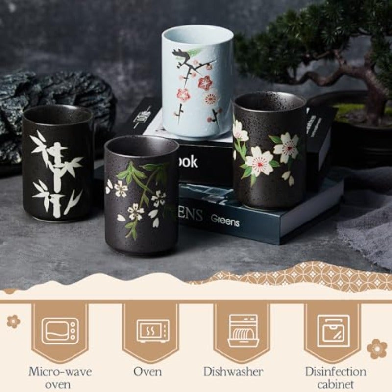 4 Pcs Japanese Tea Cups Handle Less Ceramic Japanese Gifts Chinese Restaurant Teacups Japan Mug Souvenirs for Matcha Bancha Green Tea 10 ozSakura - Image 4