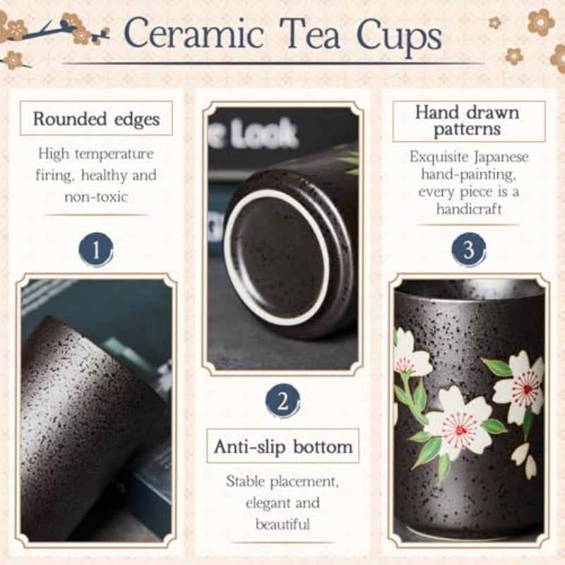 4 Pcs Japanese Tea Cups Handle Less Ceramic Japanese Gifts Chinese Restaurant Teacups Japan Mug Souvenirs for Matcha Bancha Green Tea 10 ozSakura - Image 3