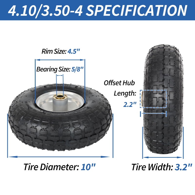 GICOOL 4.10/3.50-4 Pneumatic Tire, 10" Tire and Wheel, 2 Pack, with 2.2" Offset Hub, 5/8" Axle Bore Hole, Sealed Bearings, for Hand Truck Trolley Dolly Cart - Image 2