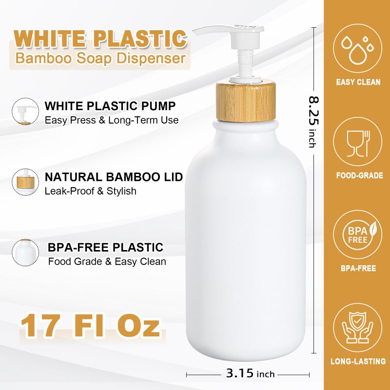 KASUNTING White Soap Dispenser, 2 Pack Plastic Bathroom Hand Soap and Lotion Dispenser Set with Bamboo Pump, 17 Fl Oz Hand and Dish Soap Dispensers Set for Kitchen, Refillable Liquid Soap Bottles - Image 3