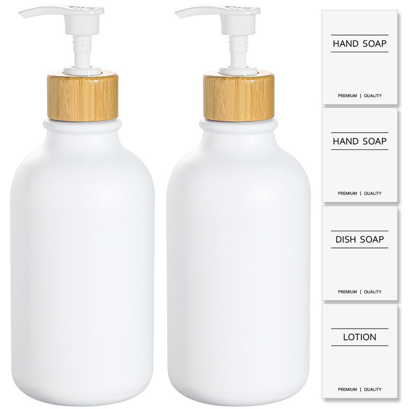 KASUNTING White Soap Dispenser, 2 Pack Plastic Bathroom Hand Soap and Lotion Dispenser Set with Bamboo Pump, 17 Fl Oz Hand and Dish Soap Dispensers Set for Kitchen, Refillable Liquid Soap Bottles - Image 1