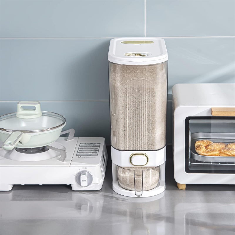 موزع أرز، موزع حبوب كبير شفاف مع غطاء ومقياس زمني، دلو توزيع طعام محكم الإغلاق مع أسطوانة قياس للأرز والذرة وحبوب البن والحبوب وفول الصويا ودقيق الشوفان (أبيض) - Image 5