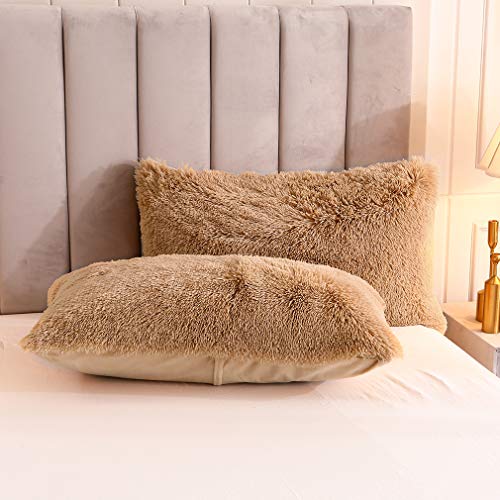 Uhamho Faux Fur Velvet Fluffy Bedding Duvet Cover Set Down Comforter Quilt Cover with Pillow Shams, Ultra Soft Warm (Queen, Camel) - Image 4