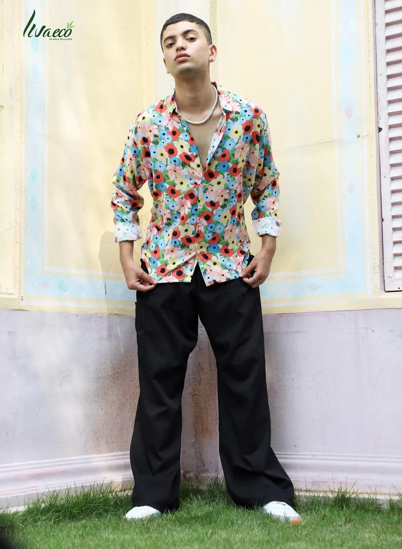 Campus Sutra Men's EcoLiva Multicolour Artistic Botanical Cluster Shirt