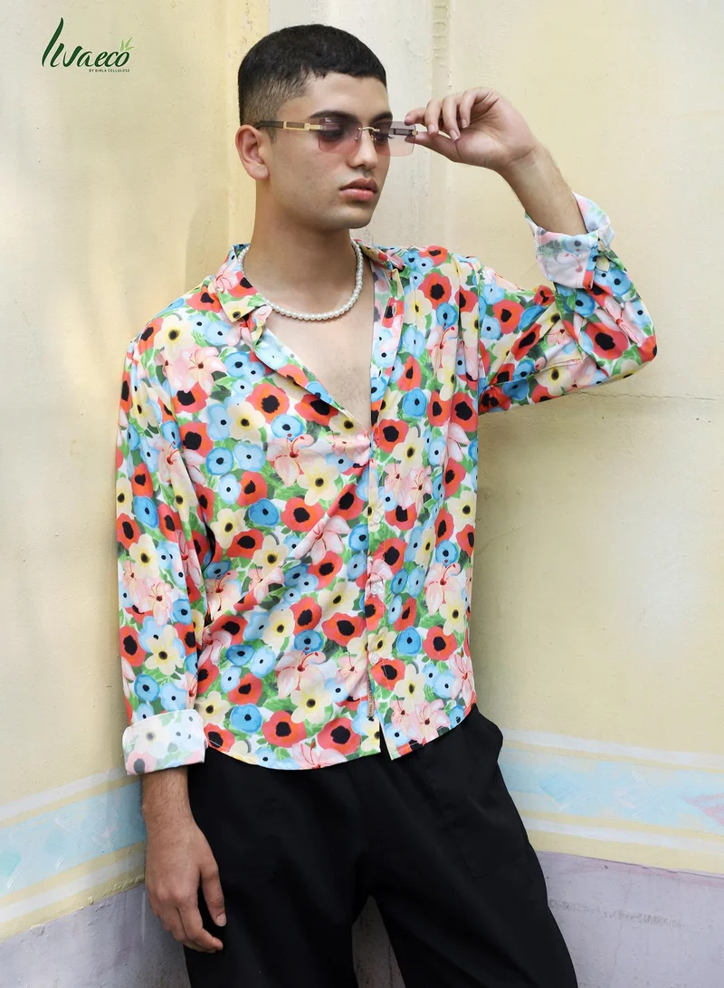 Campus Sutra Men's EcoLiva Multicolour Artistic Botanical Cluster Shirt