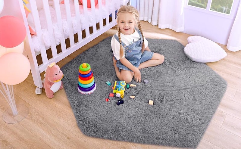 junovo Ultra Soft Rug for Nursery Children Room Baby Room Home Decor Dormitory Hexagon Carpet for Playhouse Princess Tent Kids Play Castle, Diameter 4.6 ft, Grey - Image 1