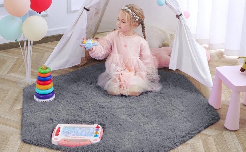 junovo Ultra Soft Rug for Nursery Children Room Baby Room Home Decor Dormitory Hexagon Carpet for Playhouse Princess Tent Kids Play Castle, Diameter 4.6 ft, Grey - Image 3