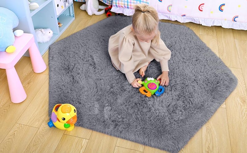 junovo Ultra Soft Rug for Nursery Children Room Baby Room Home Decor Dormitory Hexagon Carpet for Playhouse Princess Tent Kids Play Castle, Diameter 4.6 ft, Grey - Image 4