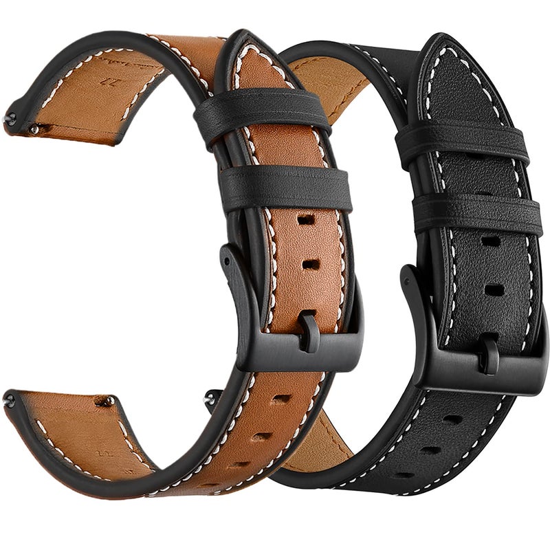 Olytop Galaxy Watch 3 45mm Bands/Galaxy Watch 46mm Bands/Gear S3 Bands, 22mm Leather Wristband Strap Women Men for Smaung Galaxy Watch 46mm/Gear S3 Frontier/Galaxy Watch 3 45mm, Black+Black/Brown - Image 1