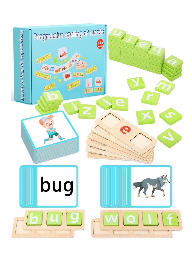 Wooden CVC Word Spelling Games, Montessori Educational Toys, Vowel Learning Toys with 50 Sight Word Flash Cards, Gift for 3 4 5 6 Year Old Kid - Image 1