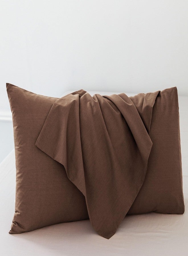 MooMee Bedding Pillowcases Pack of 2 100% Washed Cotton Linen Like Textured Breathable Durable Soft Comfy (Solid Cocoa Brown, Queen) - Image 2