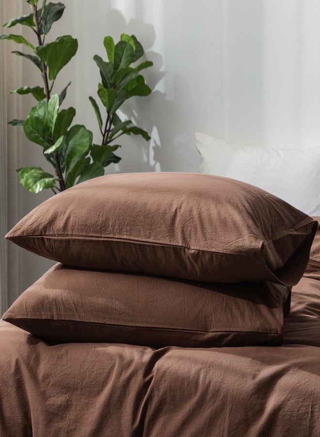 MooMee Bedding Pillowcases Pack of 2 100% Washed Cotton Linen Like Textured Breathable Durable Soft Comfy (Solid Cocoa Brown, Queen) - Image 1