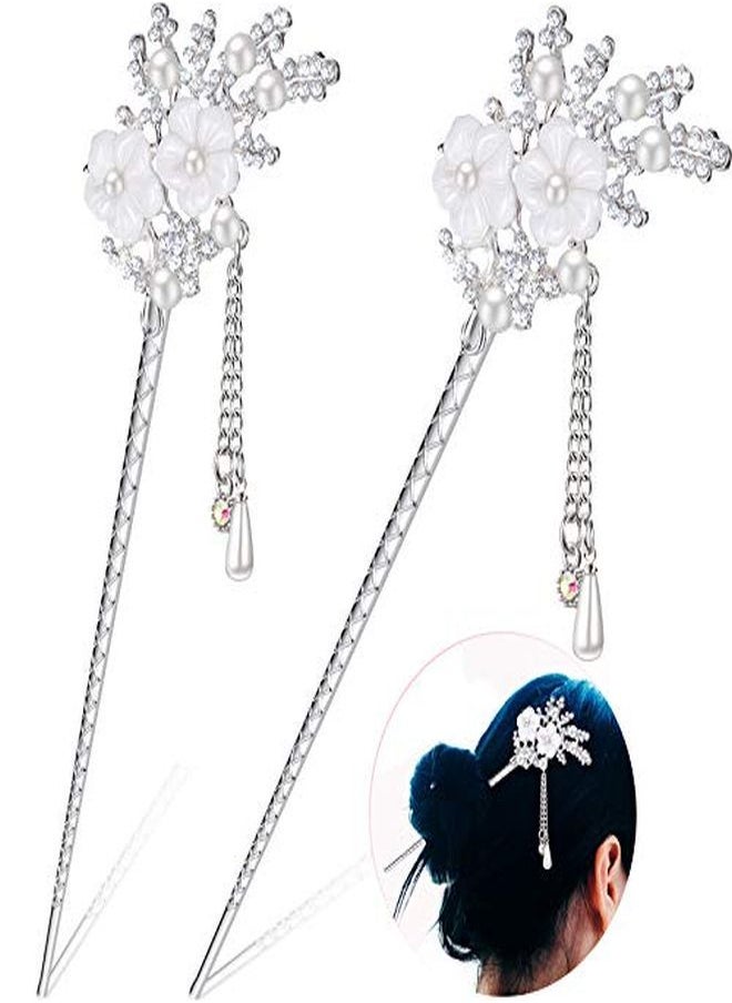 Chuangdi 2 Pieces Rhinestone Pearl Flower Hair Stick Vintage Chinese Hair Chopsticks Vintage Tassel Hair Pin Chignon Pin Chopsticks Hair Styling Hair Making Accessories For Women (Silver)  - Image 1