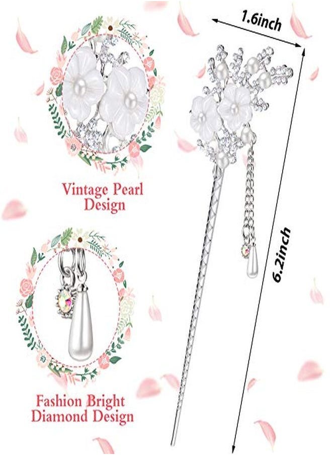 Chuangdi 2 Pieces Rhinestone Pearl Flower Hair Stick Vintage Chinese Hair Chopsticks Vintage Tassel Hair Pin Chignon Pin Chopsticks Hair Styling Hair Making Accessories For Women (Silver)  - Image 2