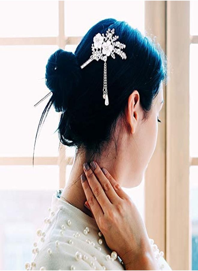 Chuangdi 2 Pieces Rhinestone Pearl Flower Hair Stick Vintage Chinese Hair Chopsticks Vintage Tassel Hair Pin Chignon Pin Chopsticks Hair Styling Hair Making Accessories For Women (Silver)  - Image 5