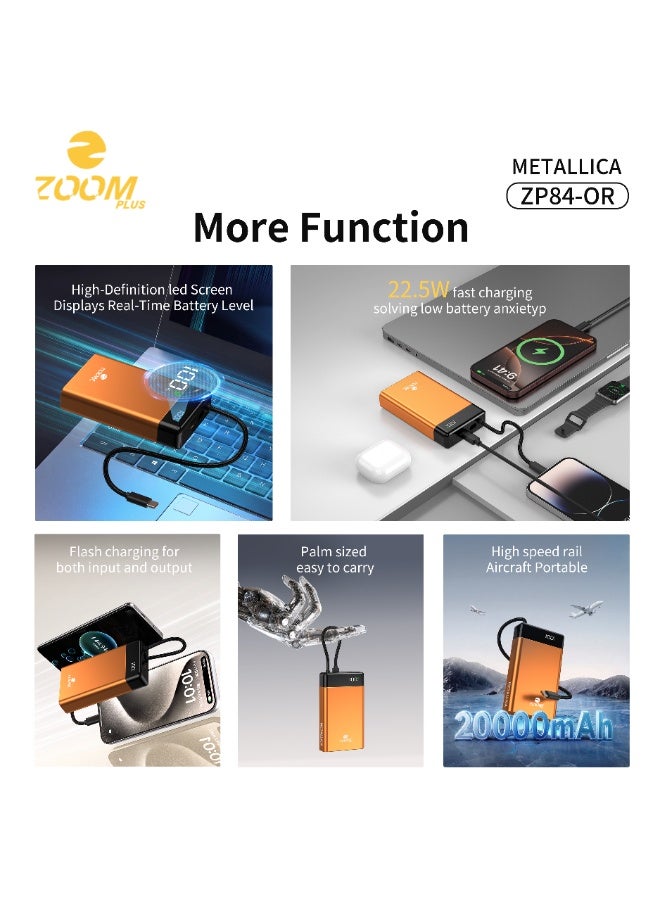 Zoom Plus Metallica Power Bank 20000mAh, PD 22.5W Fast Charging Portable Power Bank with Digital Display, Built-In Cable & Premium Metallic Design – Orange - Image 2