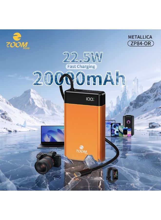 Zoom Plus Metallica Power Bank 20000mAh, PD 22.5W Fast Charging Portable Power Bank with Digital Display, Built-In Cable & Premium Metallic Design – Orange - Image 1