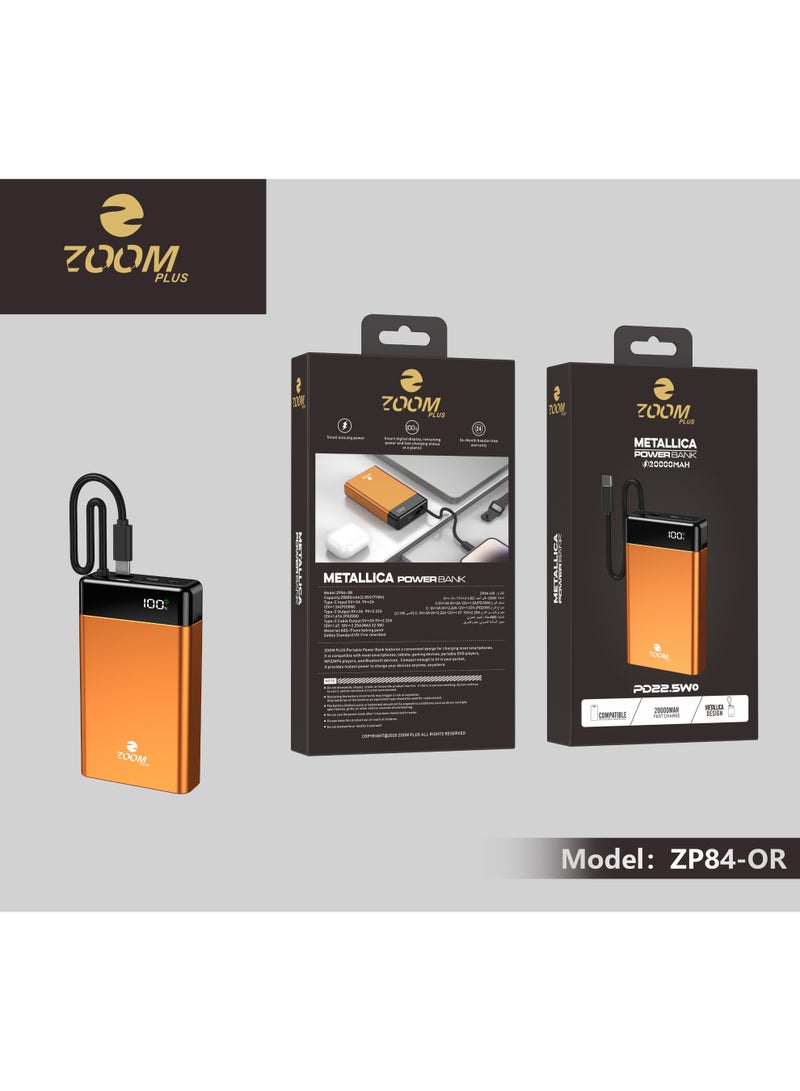 Zoom Plus Metallica Power Bank 20000mAh, PD 22.5W Fast Charging Portable Power Bank with Digital Display, Built-In Cable & Premium Metallic Design – Orange - Image 4