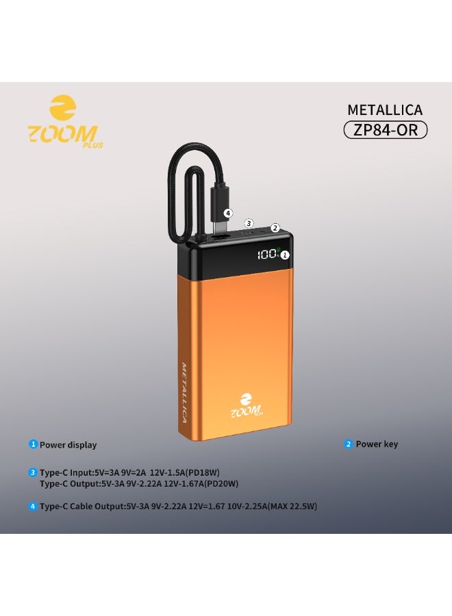 Zoom Plus Metallica Power Bank 20000mAh, PD 22.5W Fast Charging Portable Power Bank with Digital Display, Built-In Cable & Premium Metallic Design – Orange - Image 3
