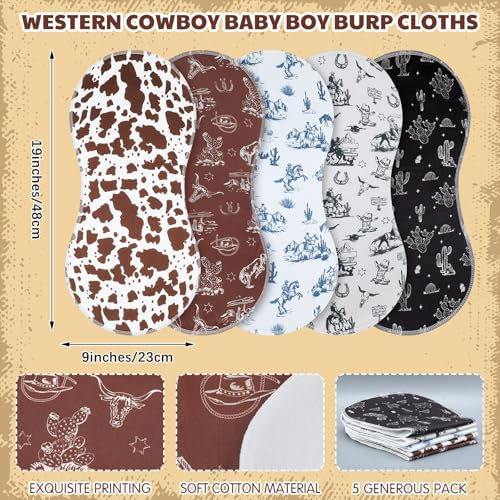 SmoothNovelty 5 Pack Vintage Western Baby Burp Cloths Soft Absorbent Burping Rags for Newborns 19"x9" Spit up Cloths for Boy Girl Newborn Baby Shower Registry Gifts Set Nursery Decor - Image 2