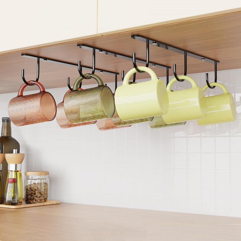 Luckinow 3 Pack Mug Hooks Under Cabinet, Coffee Mug Holder for Hanging Under Shelf, Cup Hanger with 9 Hooks for Displaying Mugs, Coffee Cups and Kitchen Utensils, Black - Image 1