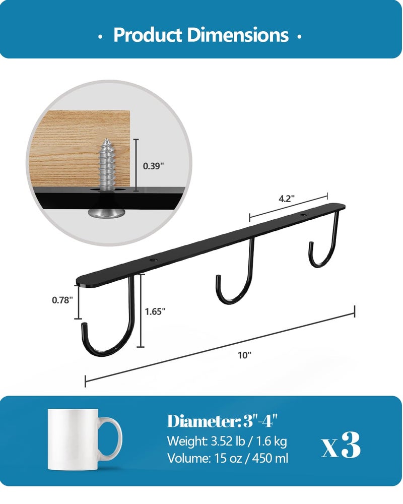 Luckinow 3 Pack Mug Hooks Under Cabinet, Coffee Mug Holder for Hanging Under Shelf, Cup Hanger with 9 Hooks for Displaying Mugs, Coffee Cups and Kitchen Utensils, Black - Image 4