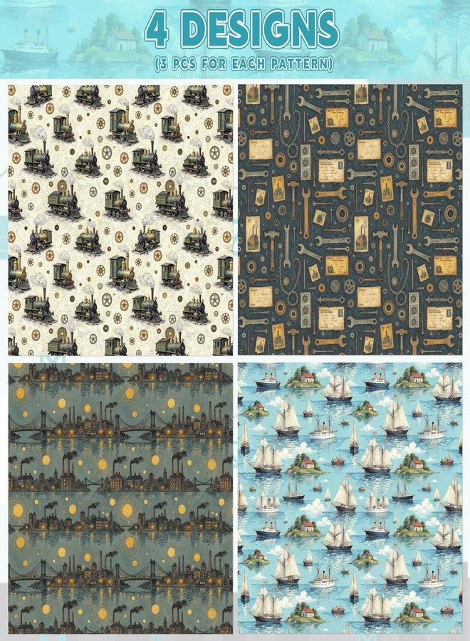 Pineraap 12 Sheets Retro Industrial Wrapping Paper, 20×28 In - Vintage Steam Engine Gift Wrap Paper for Men, Retro Classic Gears Ships Tools Pattern Industry Wrapping Papers for Birthday, DIY Crafts - Image 3