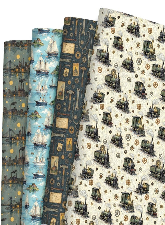 Pineraap 12 Sheets Retro Industrial Wrapping Paper, 20×28 In - Vintage Steam Engine Gift Wrap Paper for Men, Retro Classic Gears Ships Tools Pattern Industry Wrapping Papers for Birthday, DIY Crafts - Image 1