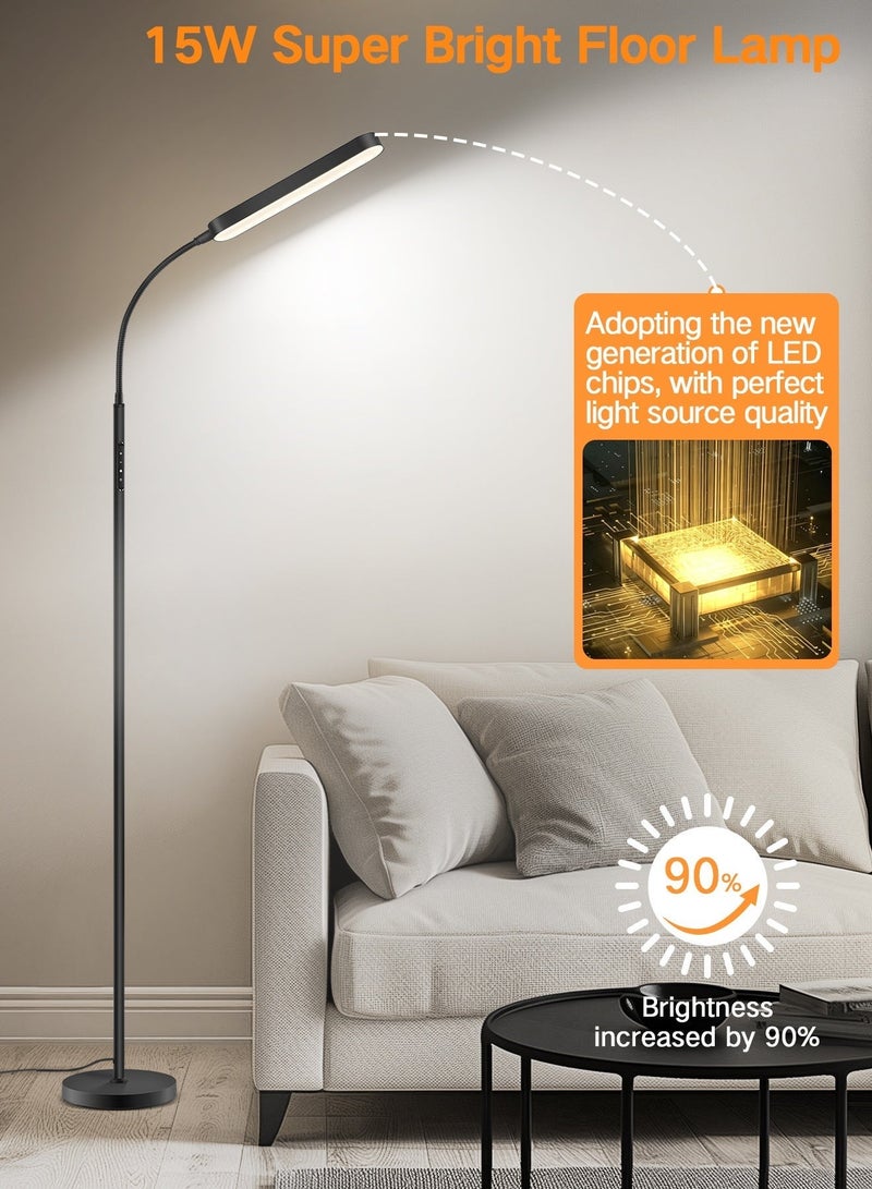 OUTON LED Floor Lamp 15W 1500LM, Dimmable and Adjustable Modern Floor Lamp with 4 Color Temperatures, Remote Control, 1-Hour Timer for Reading, Living Room, Bedroom, Office, and Sewing (Black) - Image 3