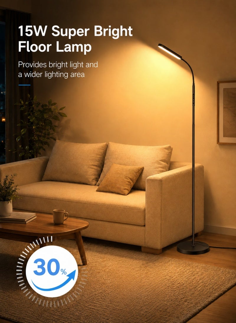 OUTON LED Floor Lamp with Remote & Touch Control, 15W 1500LM Reading Standing Lamp, Flexible Gooseneck, Stepless Dimming, 4 Color Temperatures, Eye-Friendly Light for Bedroom, Living Room & Office - Image 2