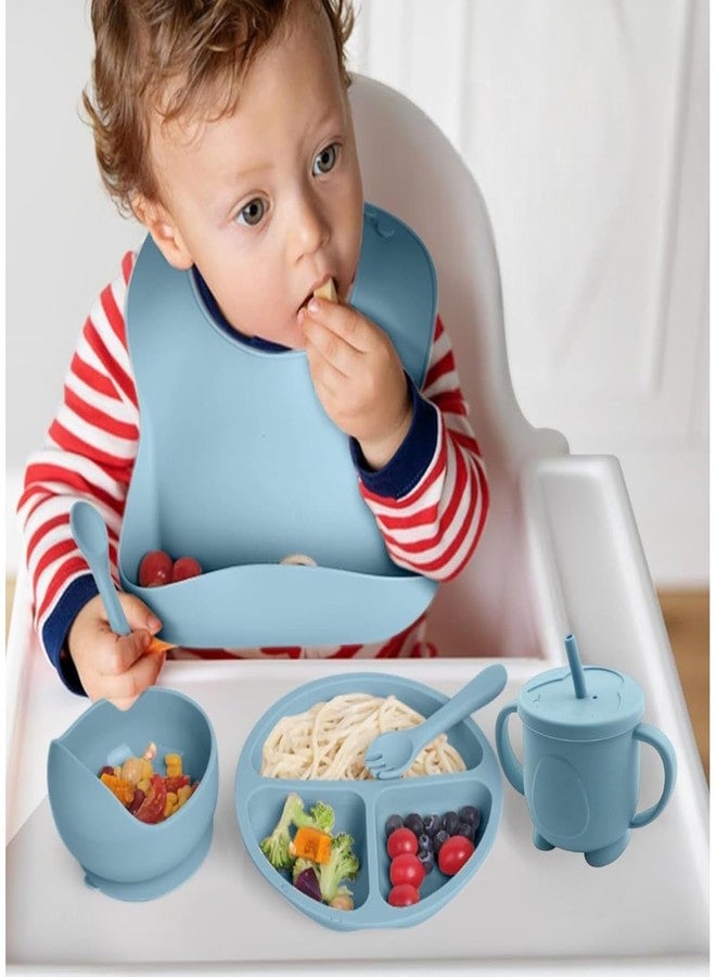 Edtepy 6PCS Silicone Baby Feeding Set - Suction Bowl, Divided Plate, Bib, Spoon, Fork & Sippy Cup | BPA-Free, Food-Grade | Self-Feeding Utensils for Toddlers 6+ Months - Dishwasher Safe (Sky Blue) - Image 3