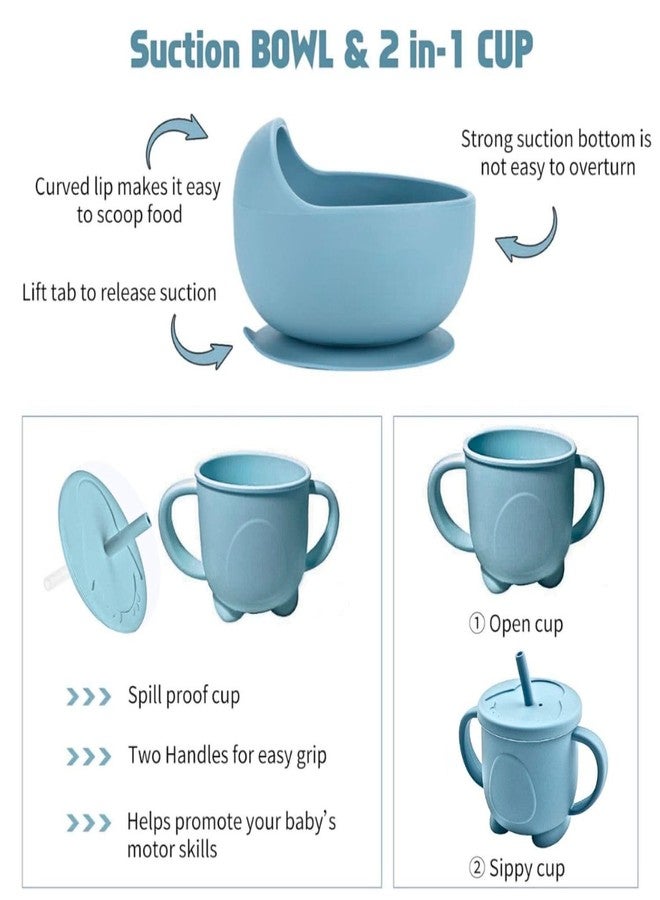 Edtepy 6PCS Silicone Baby Feeding Set - Suction Bowl, Divided Plate, Bib, Spoon, Fork & Sippy Cup | BPA-Free, Food-Grade | Self-Feeding Utensils for Toddlers 6+ Months - Dishwasher Safe (Sky Blue) - Image 4
