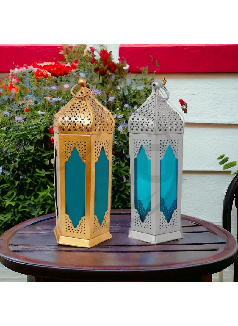 BWO BWO Moroccan Iron Antique Moksha Hanging Lantern Laltern Lamp with Tealight Candle Holder Laltern LampSet of 2Combo SilverGoldenBlue  - Image 1