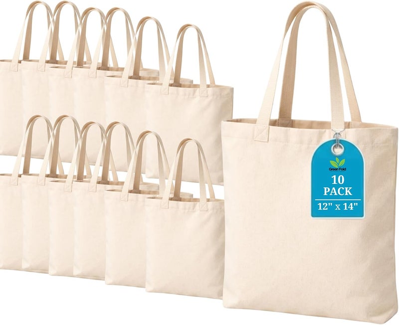 Greenfold 12x14 Inch Plain Canvas Tote Bag | 10 Pcs | 12 Pcs | 24 Pcs | 50 Pcs | 100 Pcs | 100% Organic Reusable 150 GSM Cotton Handbag for Shopping, Daily Use, Grocery, Craft Diy Painting and Storage - Image 1