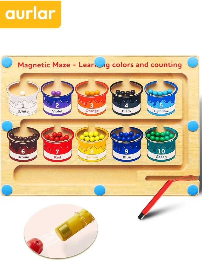 Aurlar Wooden Magnetic Maze for Toddler, Magnetic Color and Number Maze, Montessori Wooden Color Matching Learning Counting Puzzle Board, Counting Matching Activities Fine Motor Skills Toys for Kids  - Image 1