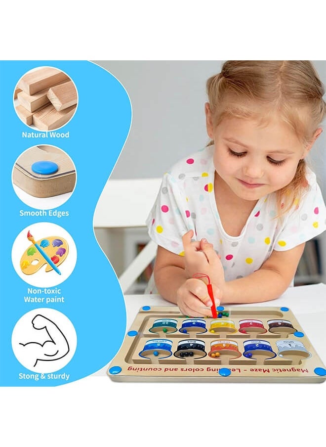 Wooden Magnetic Maze for Toddler, Magnetic Color and Number Maze, Montessori Wooden Color Matching Learning Counting Puzzle Board, Counting Matching Activities Fine Motor Skills Toys for Kids