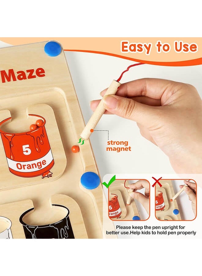 Wooden Magnetic Maze for Toddler, Magnetic Color and Number Maze, Montessori Wooden Color Matching Learning Counting Puzzle Board, Counting Matching Activities Fine Motor Skills Toys for Kids